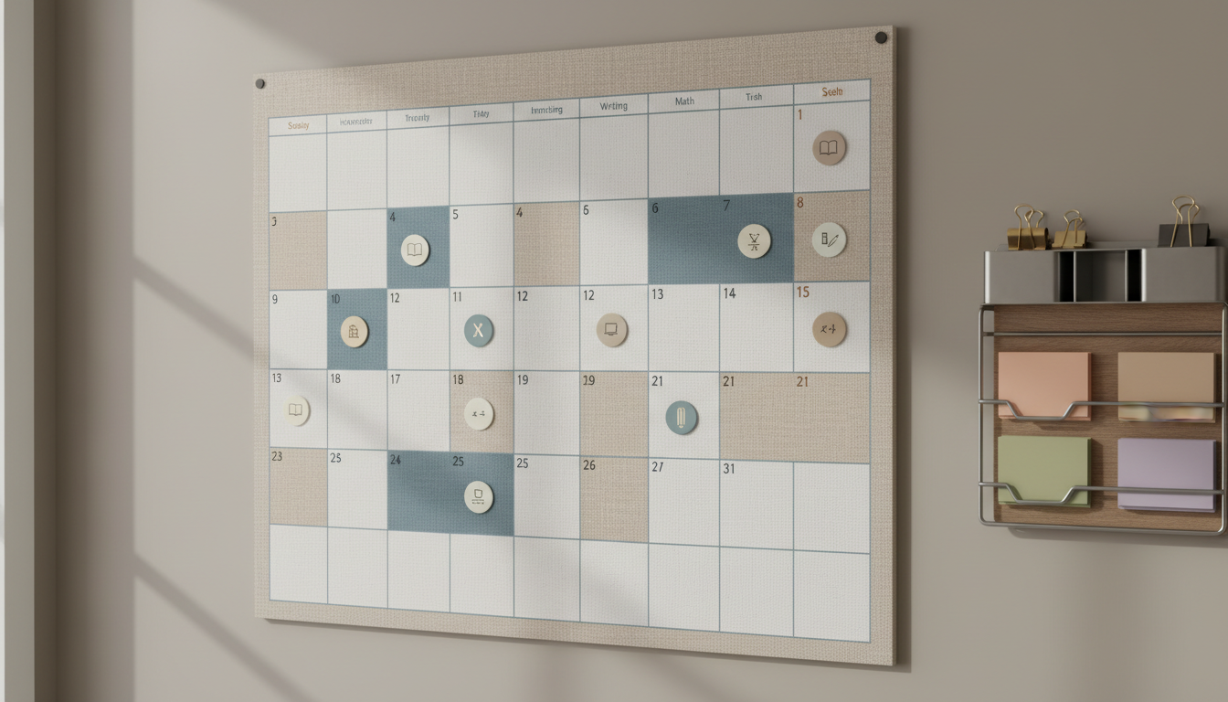 A detailed view of a large wall calendar featuring discreet neutral tones—beige, slate, and white—with small magnetic markers highlighting milestones for reading, writing, and math interventions. The calendar is attached to a smooth taupe wall beside a tiered organizer displaying color-coded index cards and binder clips. The lighting comes from soft daylight through a nearby window, casting subtle shadows that emphasize the calendar’s texture. The mood is organized and quietly motivational, suitable for an academic planning setting. Photographed from a three-quarter angle, with a rule-of-thirds composition to highlight both the calendar and the adjacent resources. The photographic image is clean, structured, and modern, matching a professional educational site.