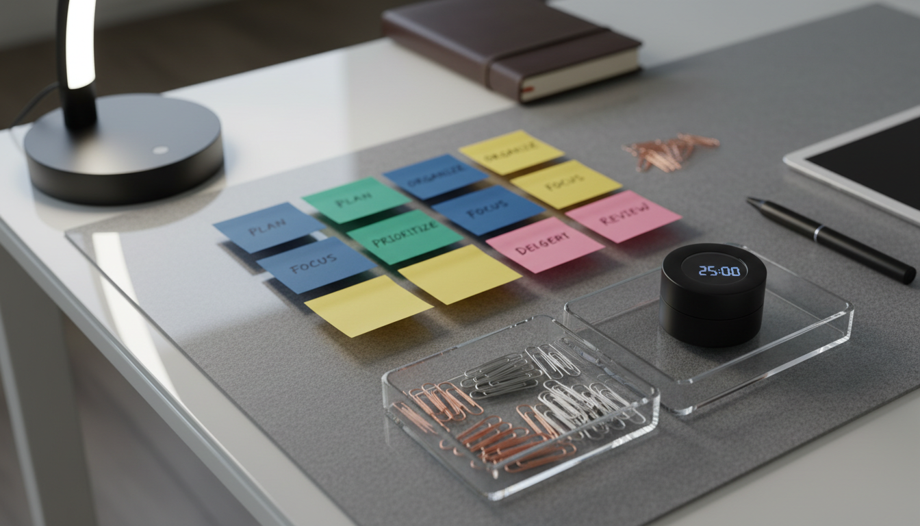 A close-up of a sophisticated executive function toolkit, featuring a grid of color-coded sticky notes, transparent acrylic organizational trays, polished metal paperclips, and a sleek, minimalist timer with a matte black finish. These items rest on a glass-topped desk with a soft grey surface beneath. The surrounding background fades into a gentle blur, highlighting the toolkit in sharp focus. Soft, diffused artificial light from a modern desk lamp creates a tranquil, evenly lit scene with delicate reflections across the glass. The mood is methodical and solution-oriented. Shot from a slightly overhead angle for a tidy, structured layout. The photographic realism and corporate aesthetic reinforce the pragmatic, professional approach of academic coaching.