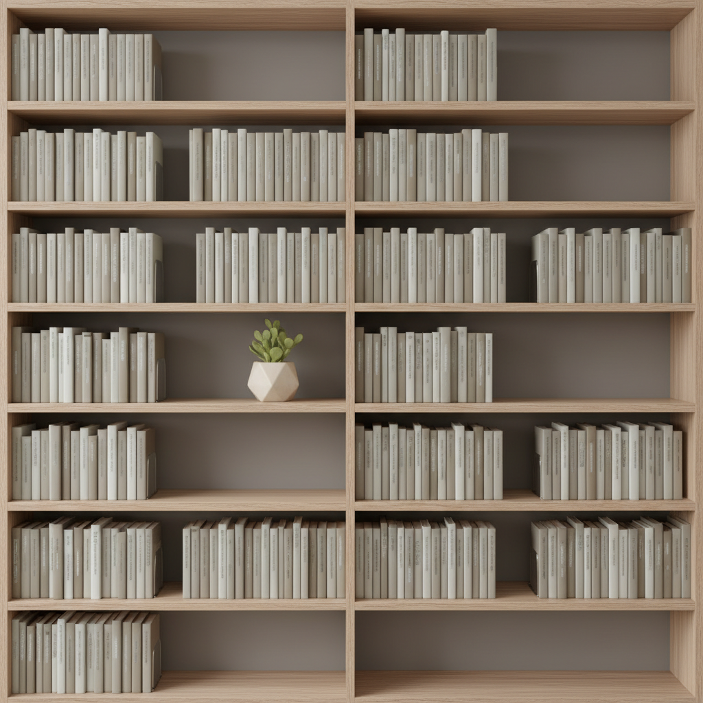 An elegant contemporary bookshelf made of light ash wood, filled with neatly aligned educational resources and reference books in muted colors—soft taupe, dove grey, and off-white. Discreet metallic bookends hold everything in place, while a small, geometric ceramic planter with a green succulent adds a hint of life. The background is composed of a clean, uncluttered wall in a warm grey tone. Natural overcast light diffuses evenly across the shelf, casting gentle shadows and enhancing the sense of order. The mood is serene and organized, evoking professionalism and attention to detail. Photographed at eye level with a balanced, symmetrical composition, using photographic realism and a corporate, clean-cut style that reflects academic discipline.